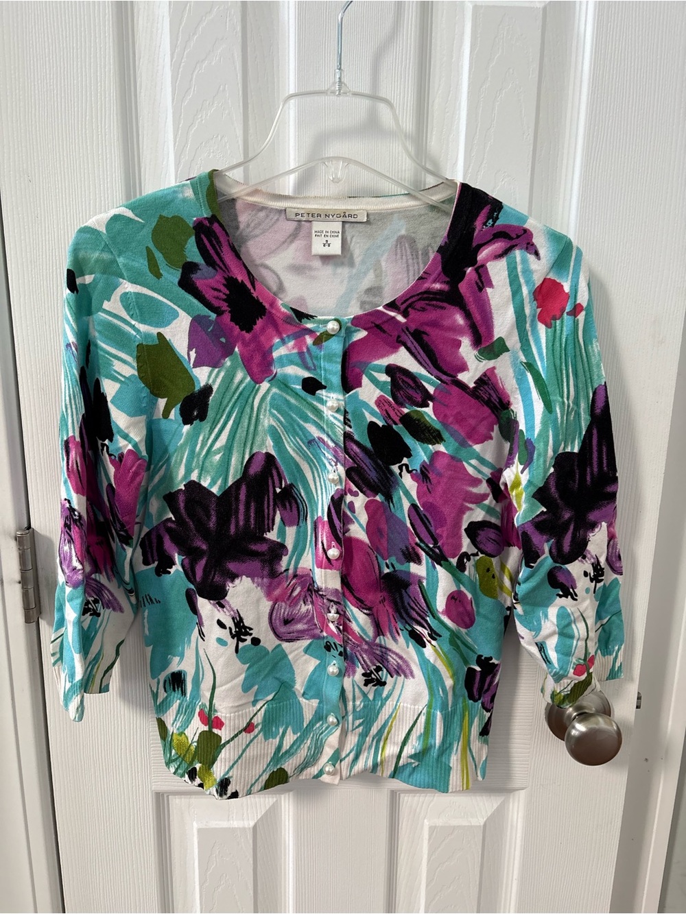 Peter Nygard Aqua & Purple Floral Button-Front Cardigan with Matching Tank